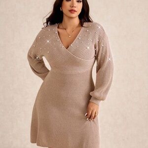 SHEIN Taupe Beige Ribbed V‑Neck Long Sleeve Sweater Dress
